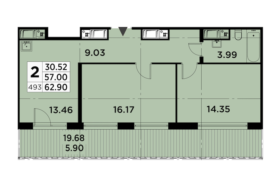 2-комнатная квартира 62.9 м², 14/14 эт., ЖК «GloraX City Zanevsky»